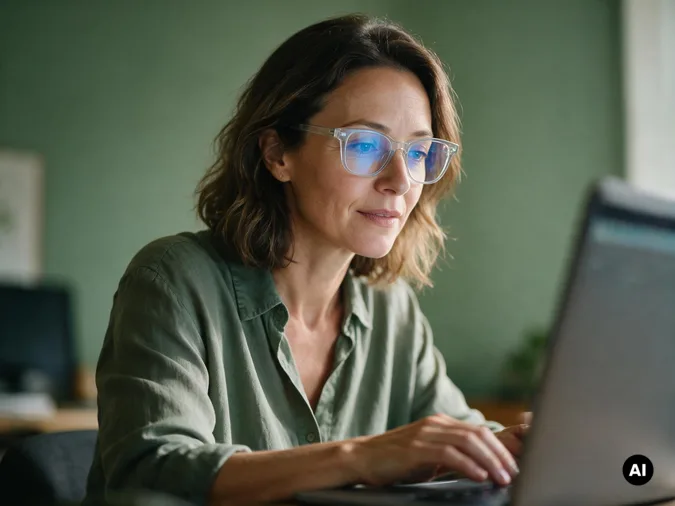 Frau mit Brille arbeitet am Laptop, der Bildschirm spiegelt sich bläulich in den Gläsern. Blaulichtfilterbrille bei Jaegers & Klingenhäger in Wassenberg