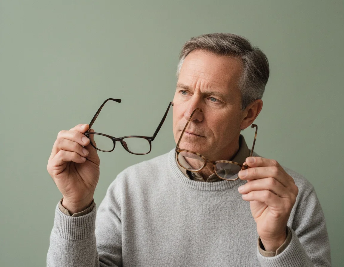 Mann vergleicht zwei Brillenfassungen bei der Auswahl