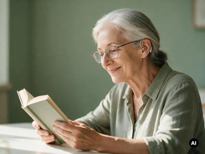 Seniorin mit Brille und Hörgerät liest entspannt ein Buch. Hören, Sehen und geistige Fitness bei Jaegers & Klingenhäger in Wassenberg