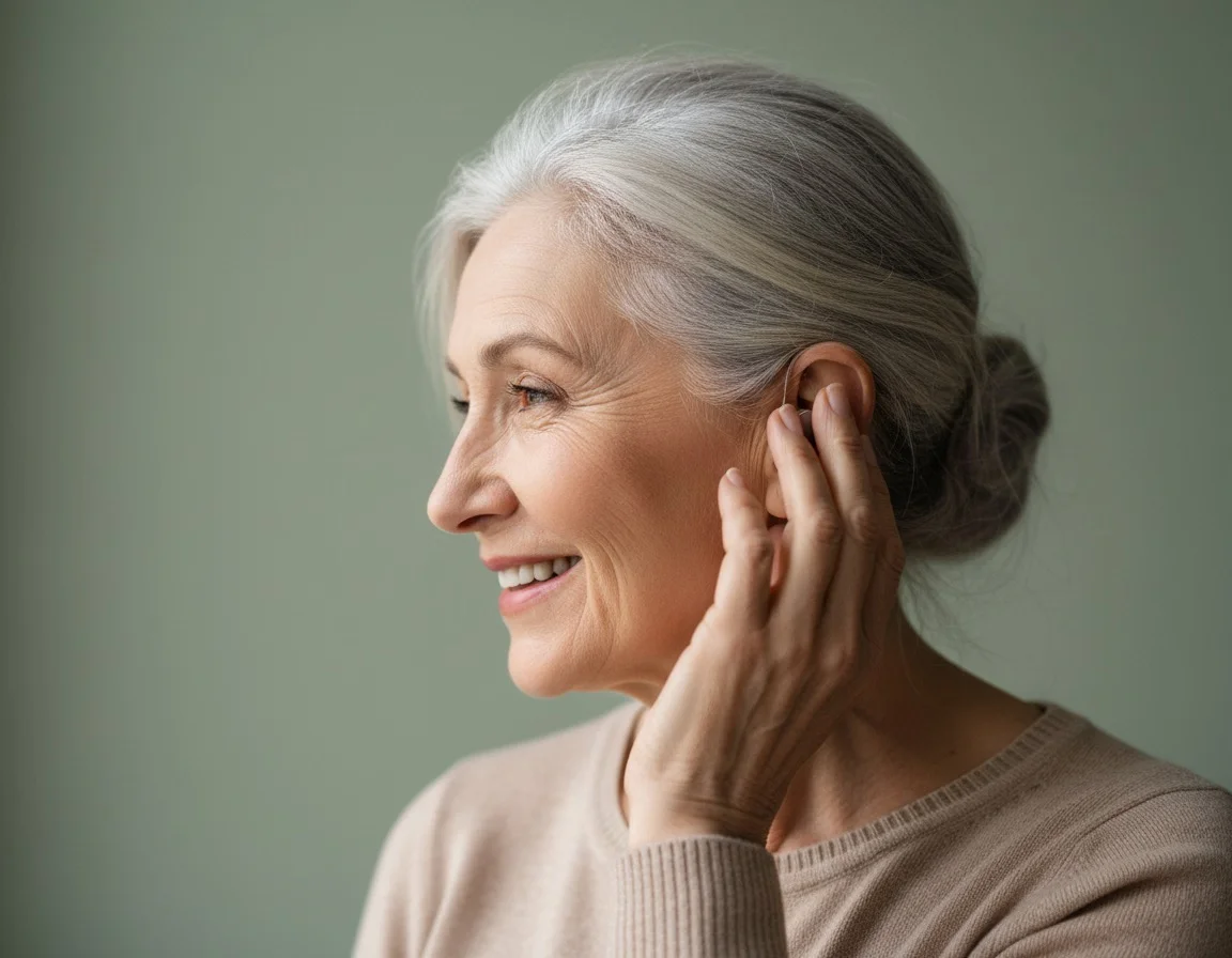 Zufriedene Seniorin mit diskretem Hörgerät