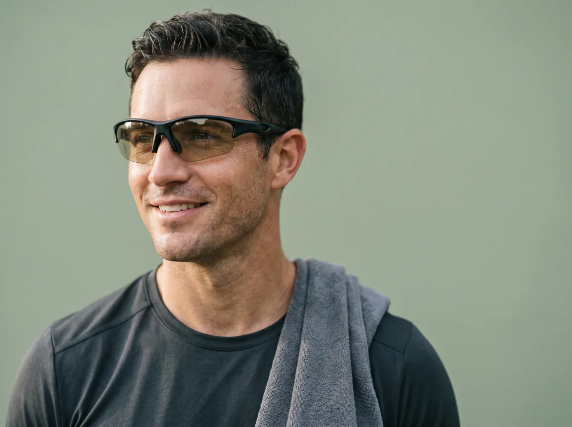 Sportlicher Mann mit Sportbrille und Handtuch um den Hals nach dem Training. Sportbrille mit Sehstärke bei Jaegers & Klingenhäger in Wassenberg