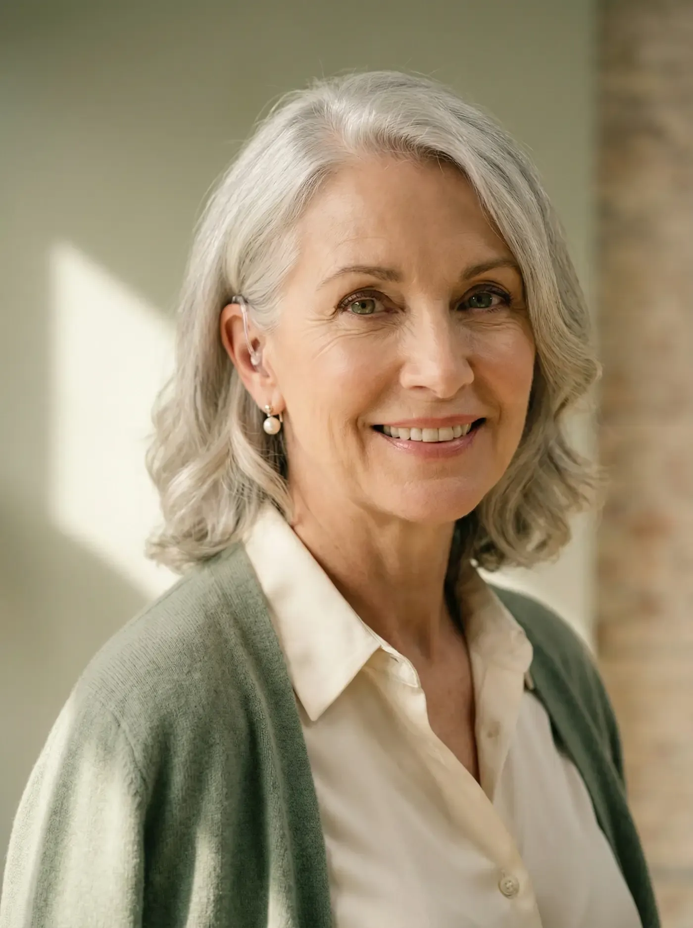 Elegante Frau mit modernem Hörgerät bei Jägers & Klingenhäger Wassenberg