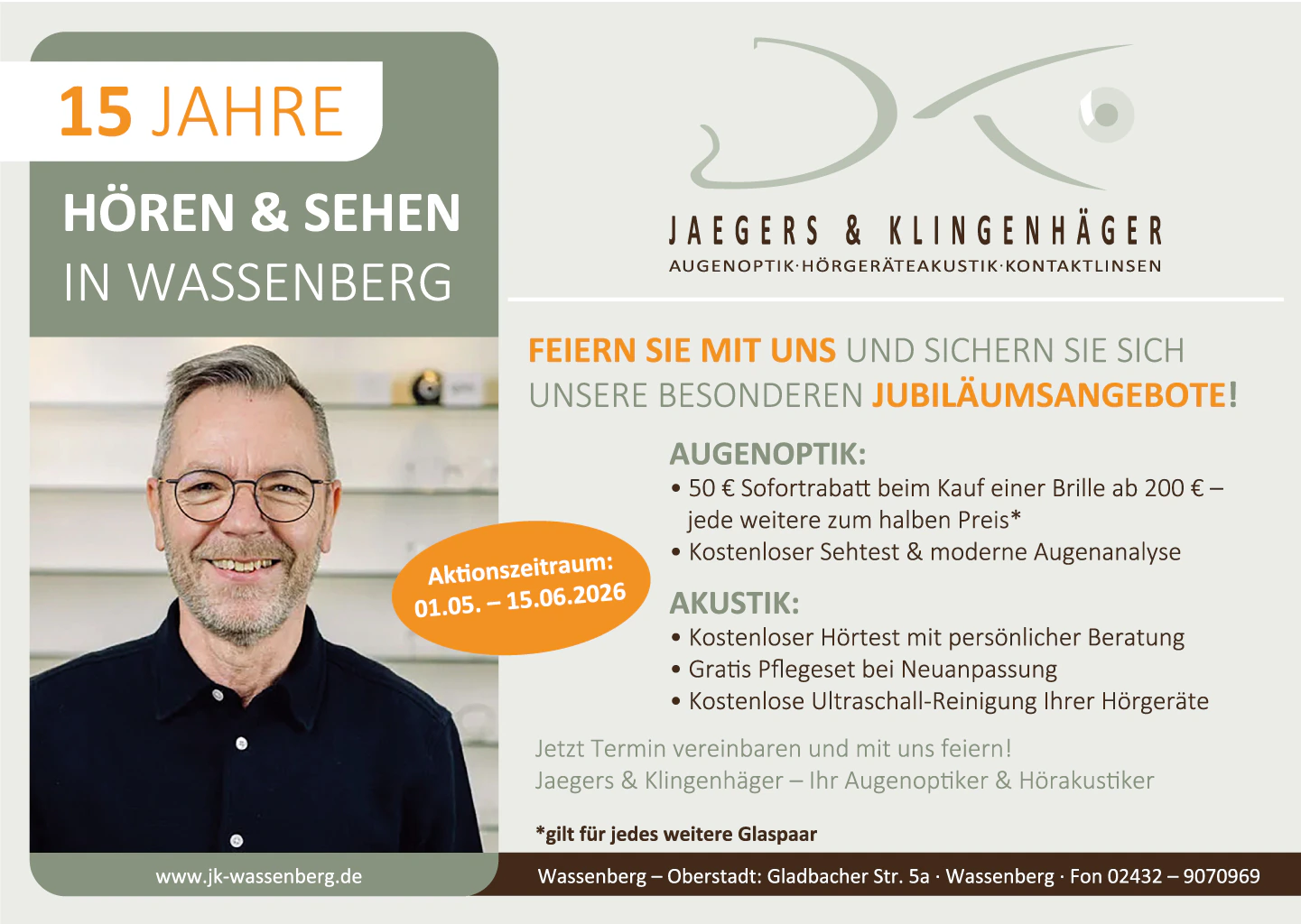 Jubiläumsaktion 15 Jahre Jägers & Klingenhäger in Wassenberg – Angebote für Brillen und Hörgeräte